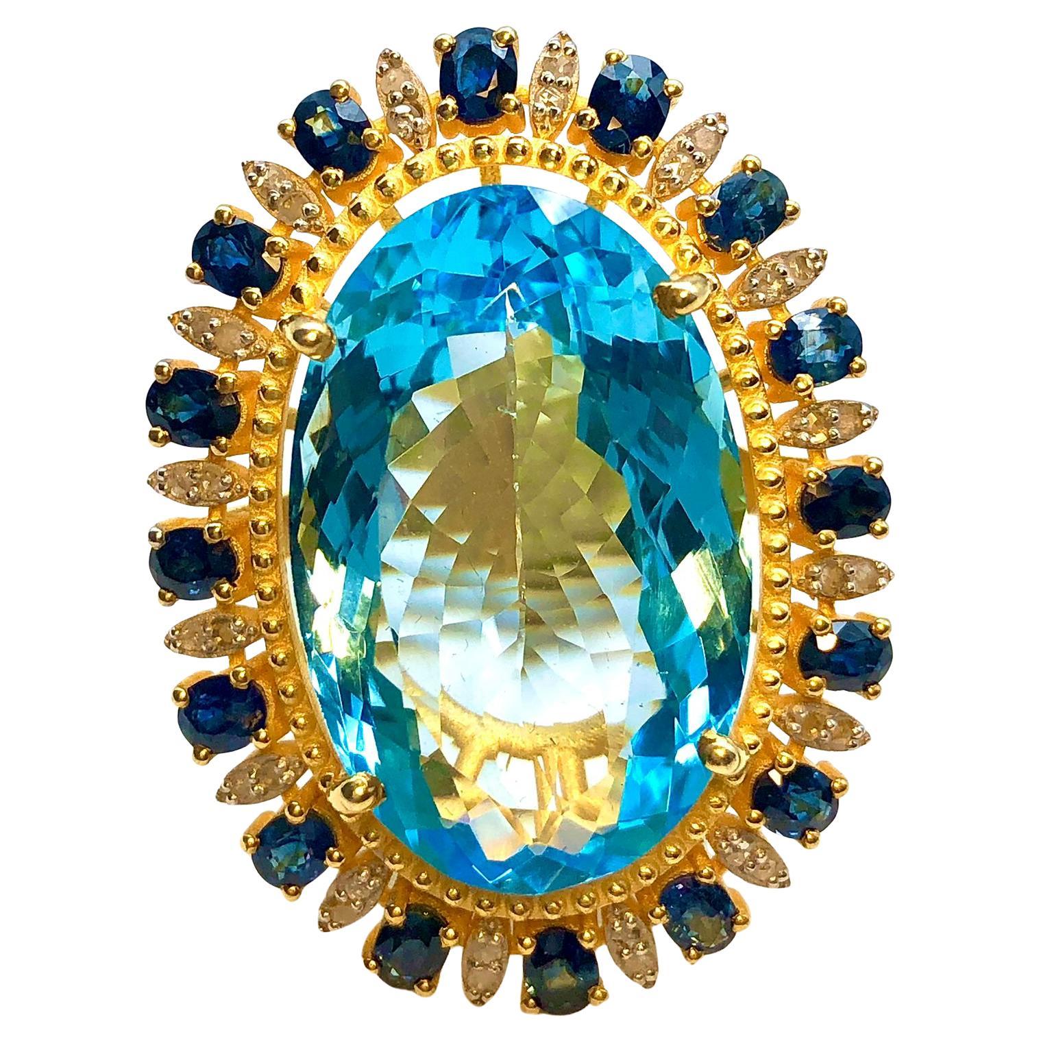 Bochic “Orient” Natural Diamond, Blue Sapphire & Topaz Ring Set In 18K Gold & Si