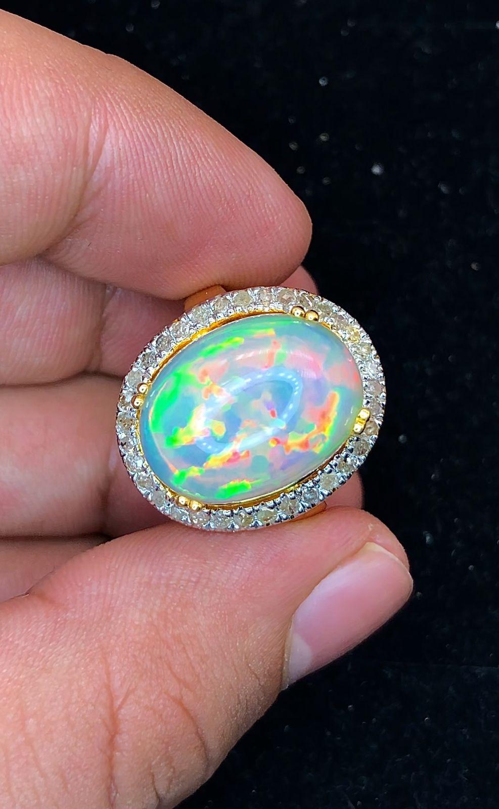 Bochic “Orient” Natural Diamond & Fire Opal Ring Set In 18K Gold & Silver For Sale 8