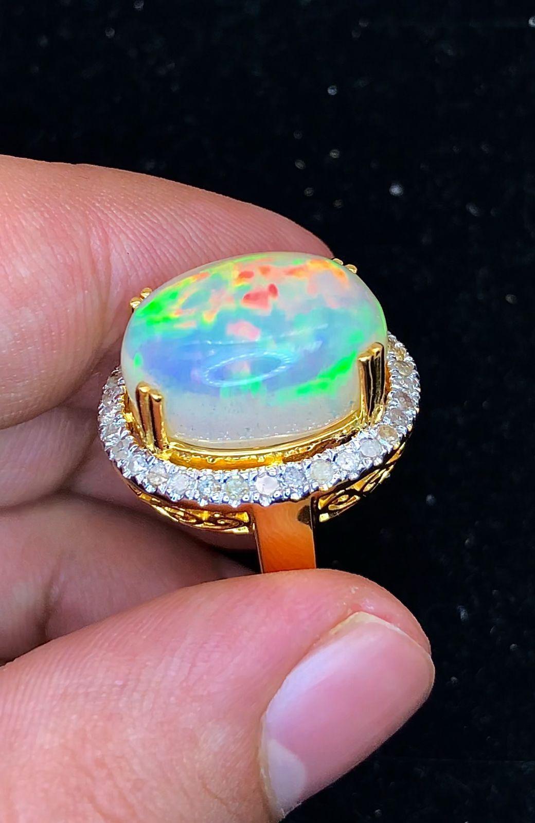 Brilliant Cut Bochic “Orient” Natural Diamond & Fire Opal Ring Set In 18K Gold & Silver For Sale