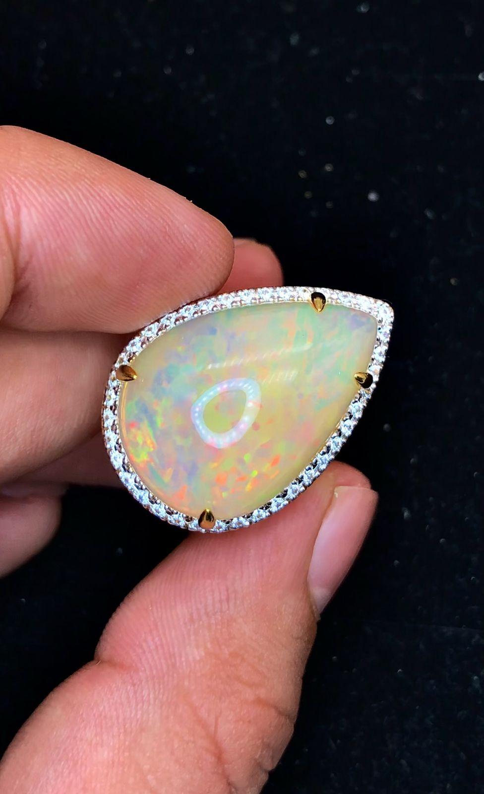 Bochic “Orient” Natural Diamond & Fire Opal Ring Set In 18K Gold & Silver For Sale 7