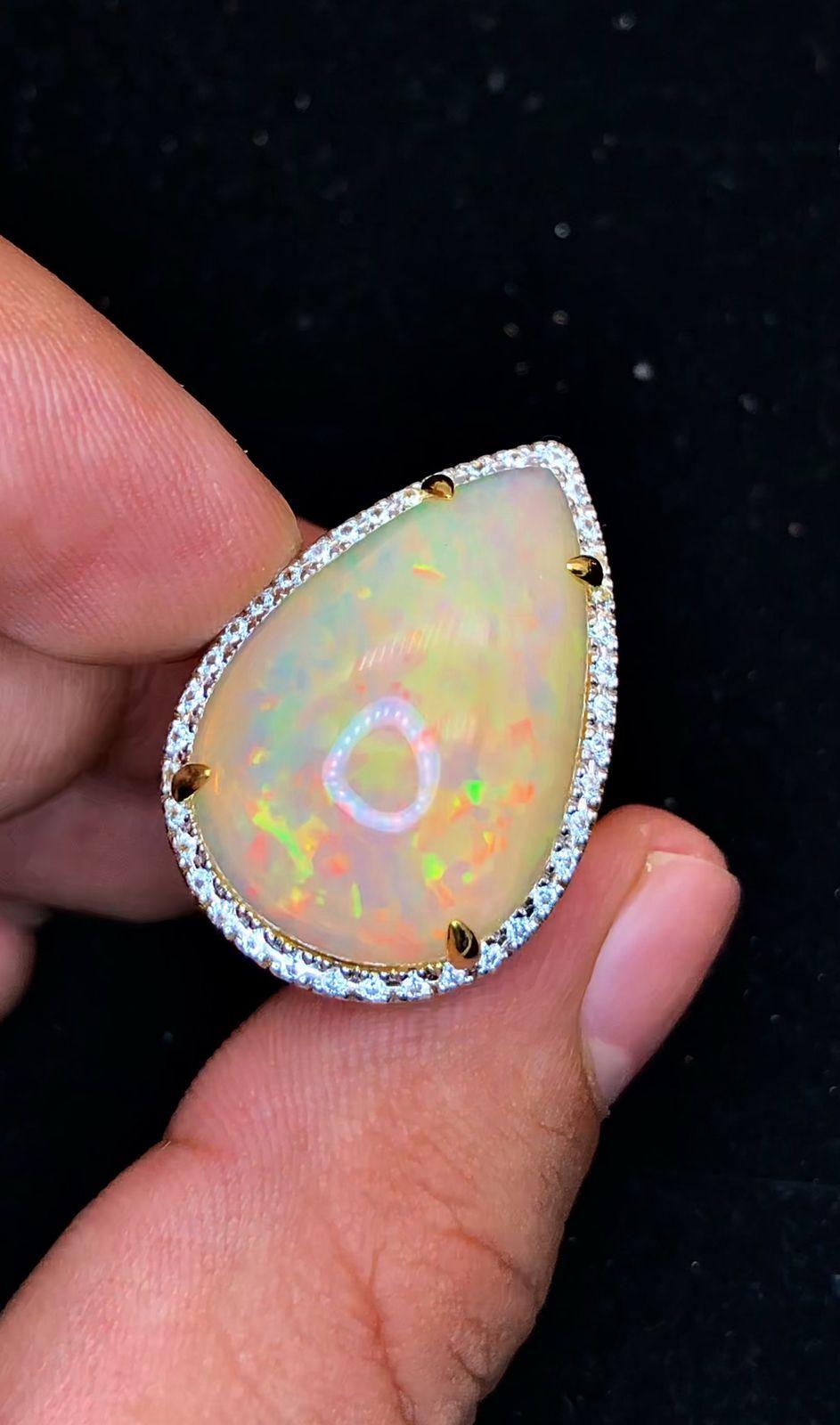 Brilliant Cut Bochic “Orient” Natural Diamond & Fire Opal Ring Set In 18K Gold & Silver For Sale