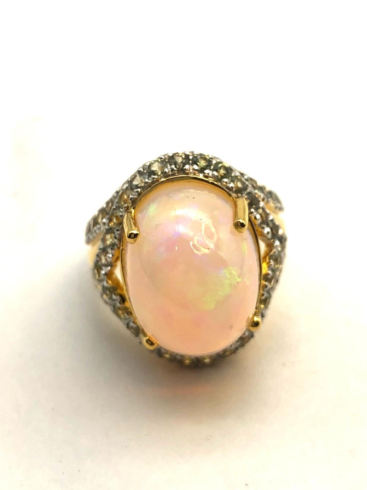 Art Deco Bochic “Orient” Natural Diamond & Pink Opal Ring Set In 18K Gold & Silver For Sale