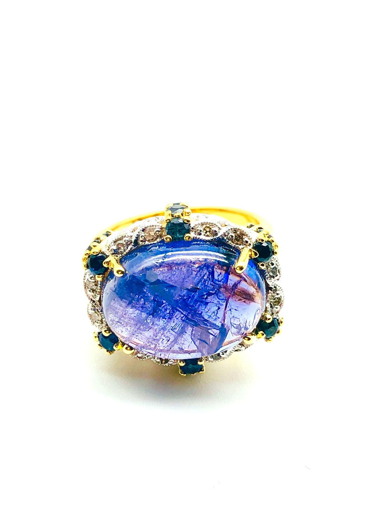 Bochic “Orient” Natural Diamond & Tanzanite Cocktail Ring Set 18K Gold & Silver For Sale 2