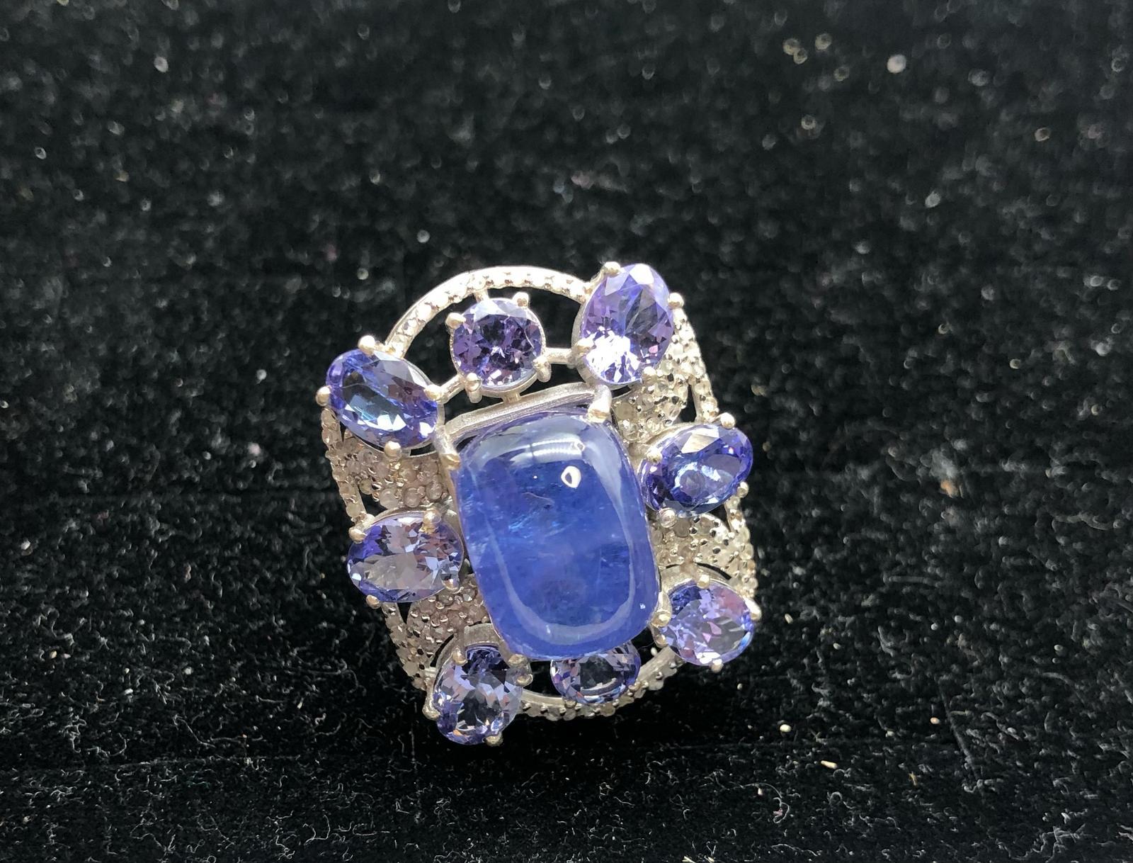 Bochic “Orient” Natural Diamond & Tanzanite Cocktail Ring Set In 18K Gold & Silv For Sale 9