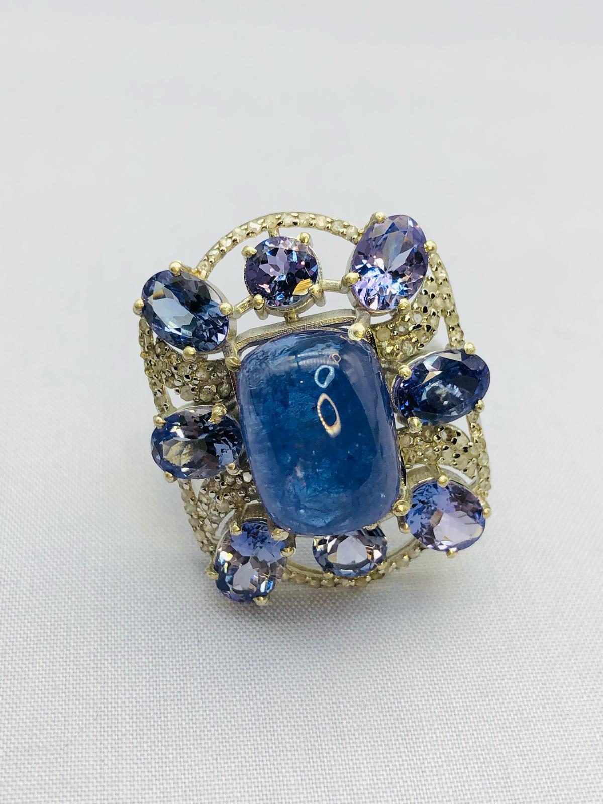 Art Deco Bochic “Orient” Natural Diamond & Tanzanite Cocktail Ring Set In 18K Gold & Silv For Sale