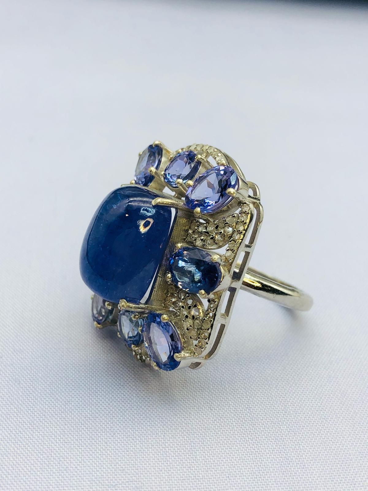 Brilliant Cut Bochic “Orient” Natural Diamond & Tanzanite Cocktail Ring Set In 18K Gold & Silv For Sale