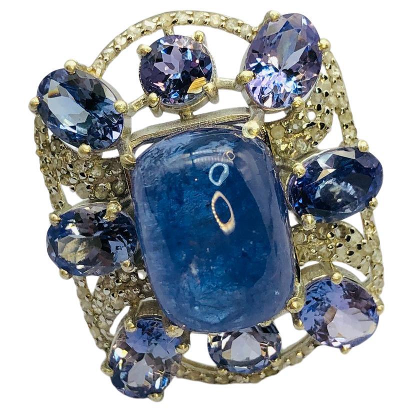 Bochic “Orient” Natural Diamond & Tanzanite Cocktail Ring Set In 18K Gold & Silv