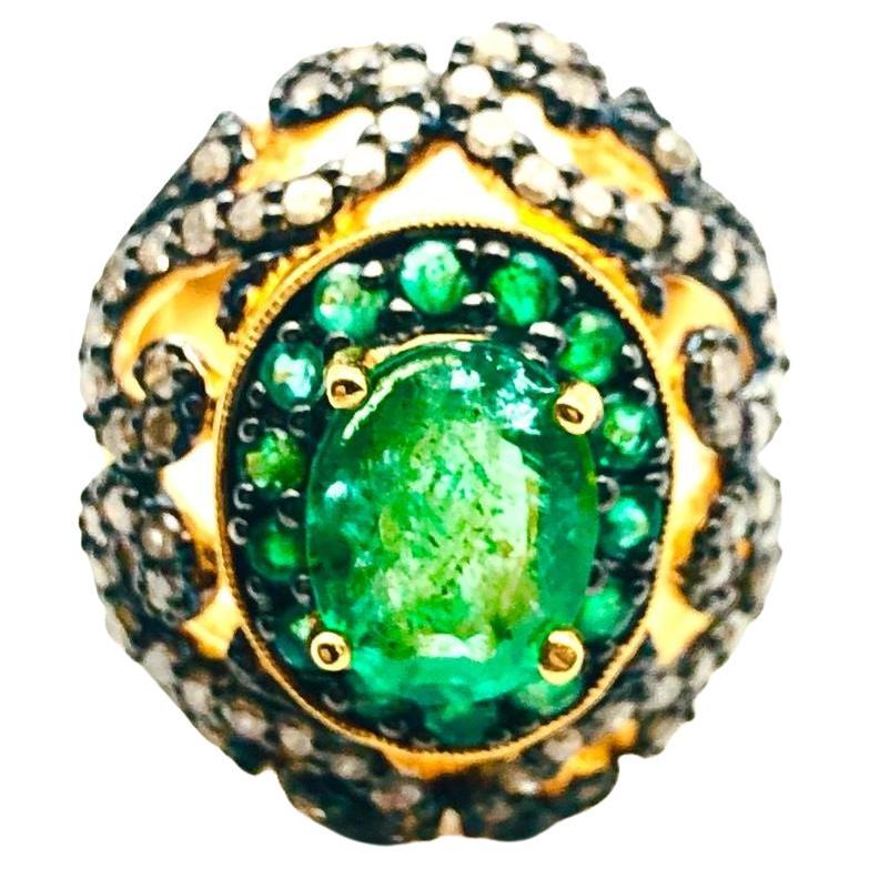Anello Bochic "Orient" con smeraldo naturale e diamante naturale incastonato in oro e argento 18 carati