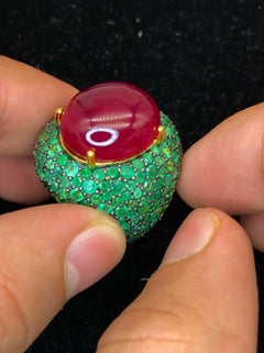 Bochic “Orient” Natural Emerald & Ruby Cocktail Ring Set In 18K Gold & Silver