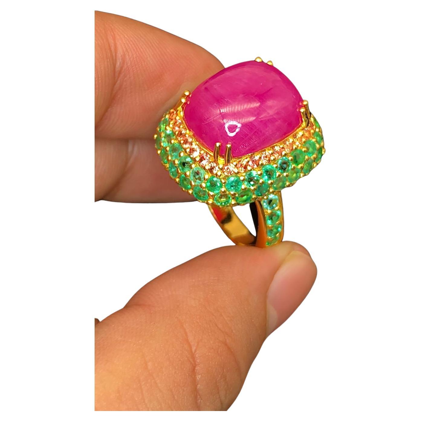 Bochic “Orient” Natural Emerald & Ruby Ring Set In 18K Yellow Solid Gold &Silver