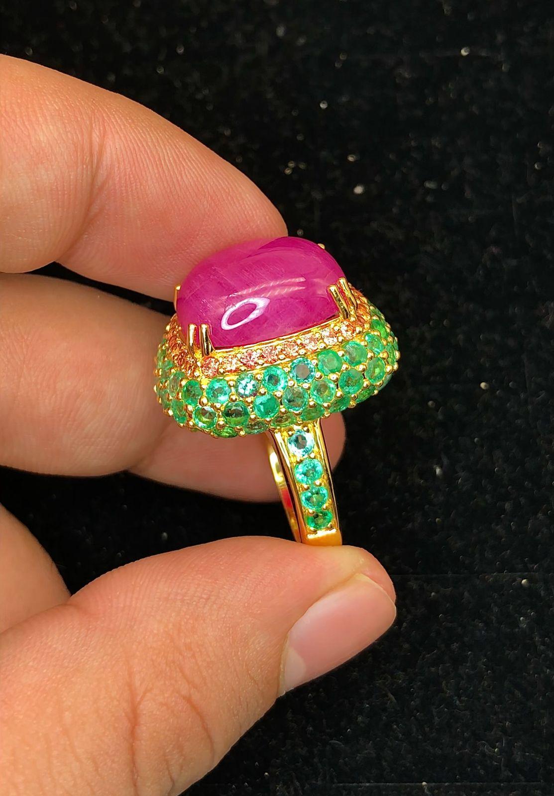 Bochic “Orient” Natural Emerald, Ruby & Sapphire Rings Set,  18K Gold & Silver For Sale 5