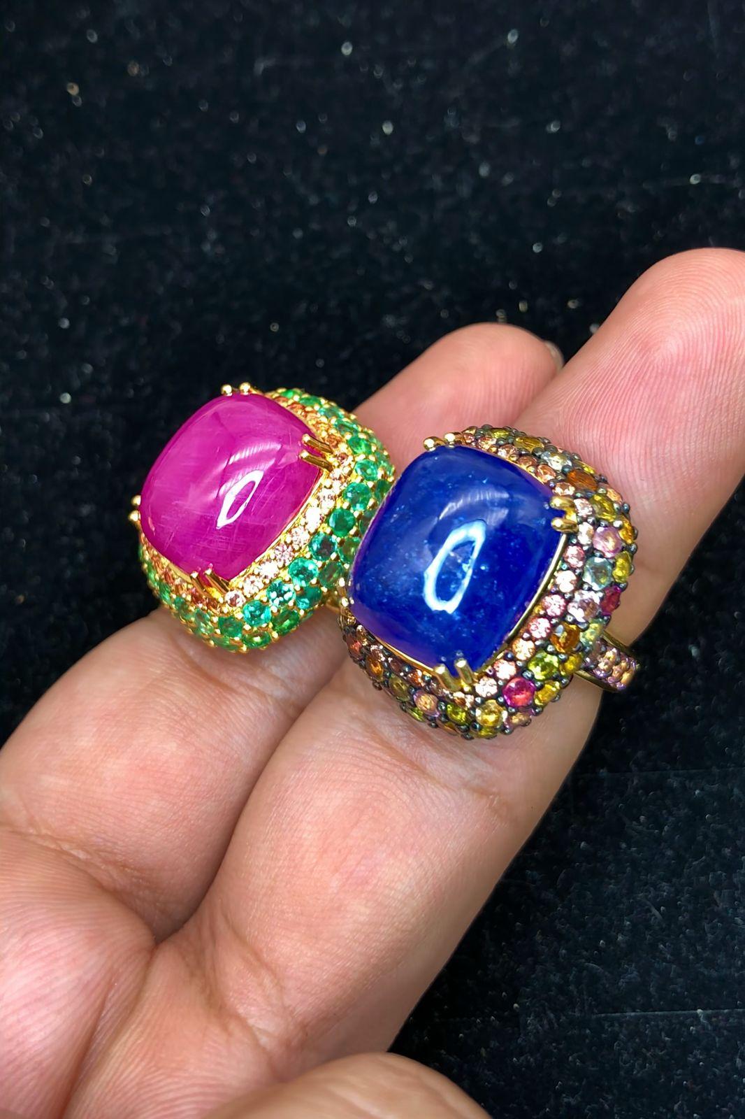Retro Bochic “Orient” Natural Emerald, Ruby & Sapphire Rings Set,  18K Gold & Silver For Sale
