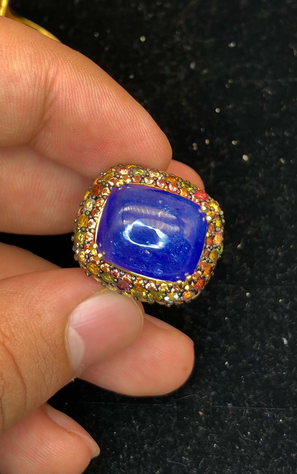 Cabochon Bochic “Orient” Natural Emerald, Ruby & Sapphire Rings Set,  18K Gold & Silver For Sale