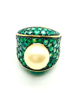Bochic “Orient” Vintage Emerald & South Sea Pearl Ring Set In 18K Gold & Silver