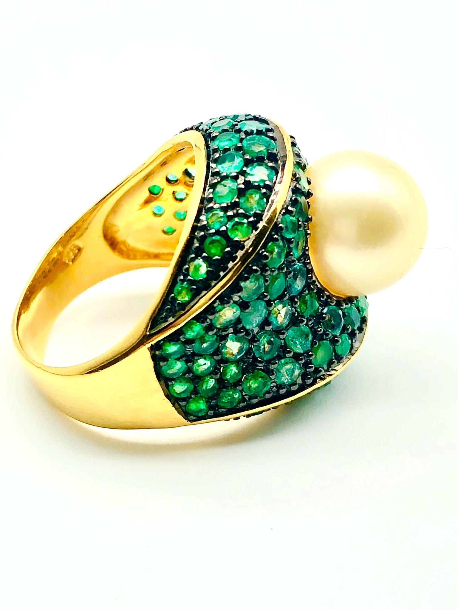 Baroque Bochic “Orient” Natural Emerald & South Sea Pearl Ring Set In 18K Gold & Silver For Sale