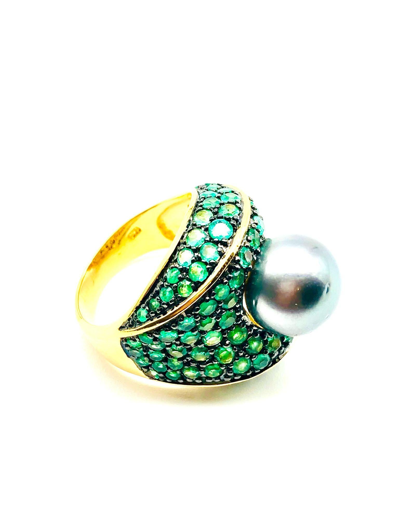 Bochic “Orient” Natural Emerald & Tahiti Pearl Ring Set In 18K Gold & Silver For Sale 5