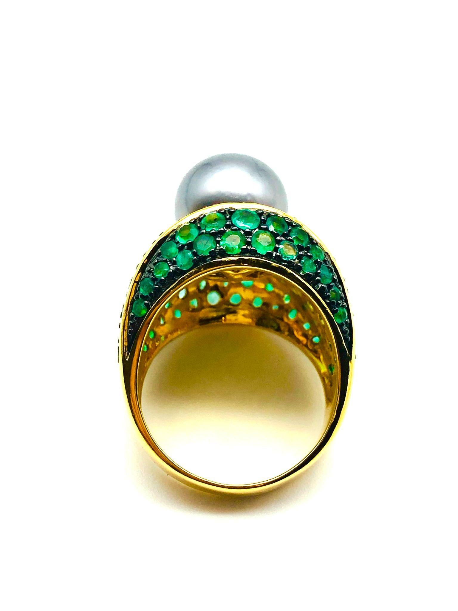 Bochic “Orient” Natural Emerald & Tahiti Pearl Ring Set In 18K Gold & Silver For Sale 2