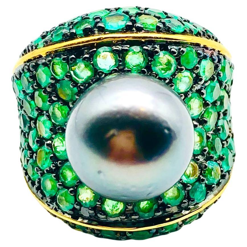 Bague Bochic Orient émeraude naturelle et perle de Tahiti sertie en or et argent 18 carats
