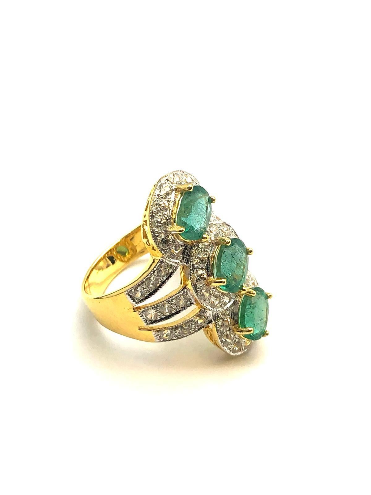 Anglo-Indian Bochic “Orient” Natural Emerald & Topaz Cocktail Ring Set In 18K Gold & Silver For Sale