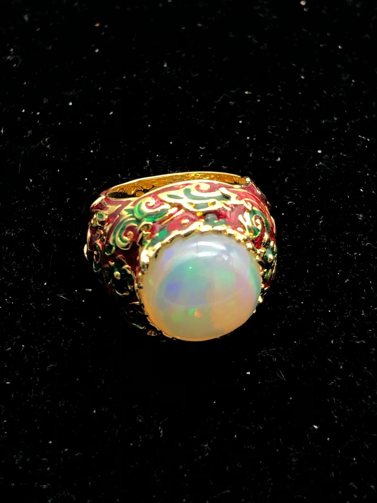 Bochic “Orient” Natural Fire Opal & Hand Enamel Ring Set In 18K Gold & Silver For Sale 4