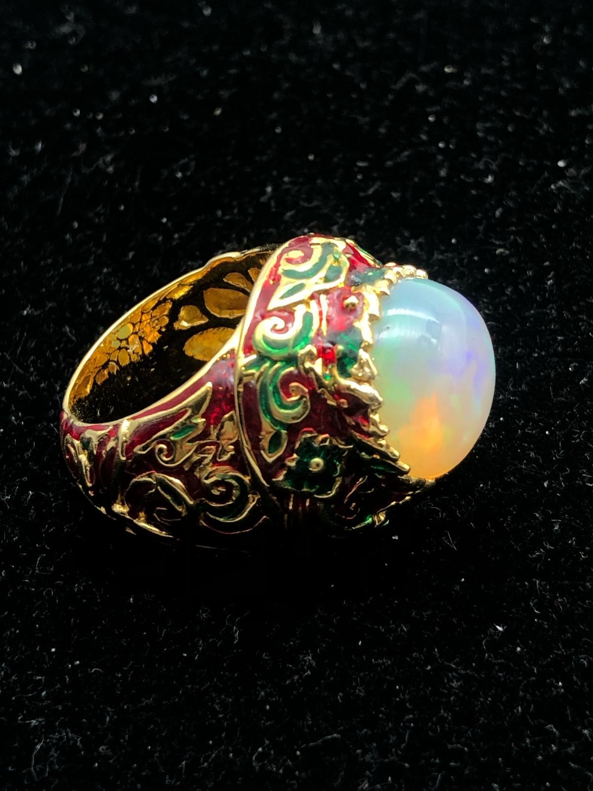 Bochic “Orient” Natural Fire Opal & Hand Enamel Ring Set In 18K Gold & Silver For Sale 5