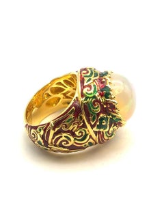 Bochic "Orient" Natürliche Feuer Opal & Hand-Emaille-Ring-Set in 18K Gold & Silber