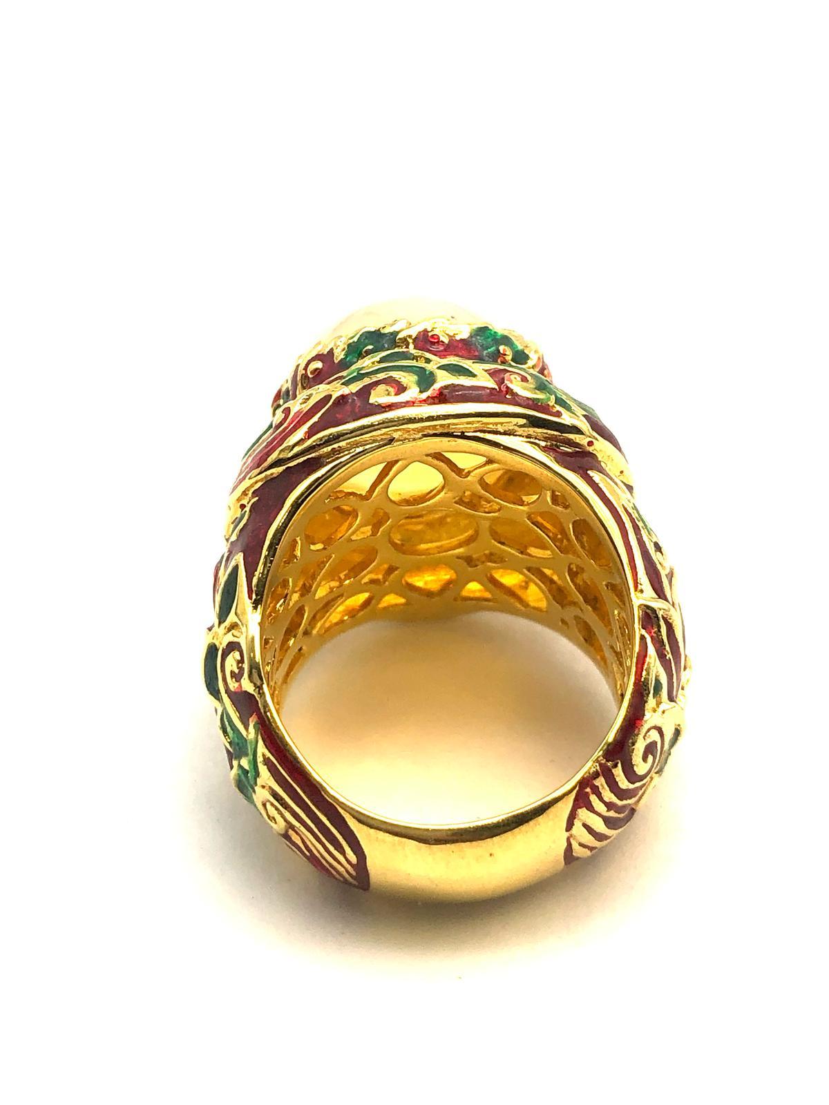 Anglo-Indian Bochic “Orient” Natural Fire Opal & Hand Enamel Ring Set In 18K Gold & Silver For Sale