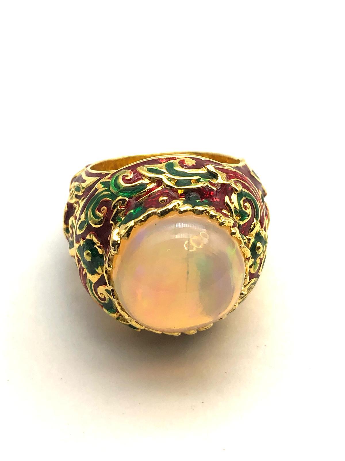 Bochic “Orient” Natural Fire Opal & Hand Enamel Ring Set In 18K Gold & Silver For Sale 3