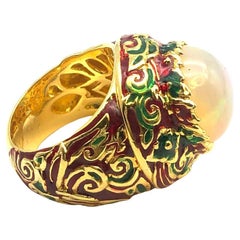 Bochic “Orient” Natural Fire Opal & Hand Enamel Ring Set In 18K Gold & Silver