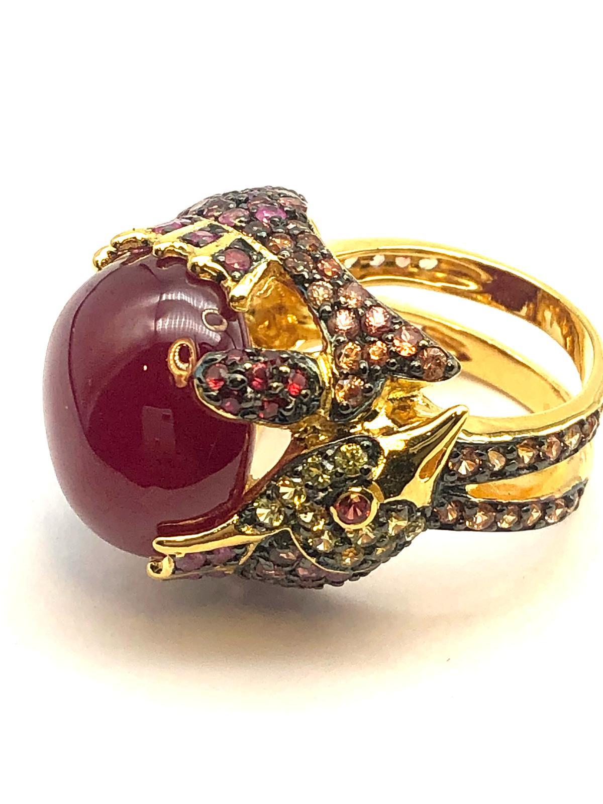 Brilliant Cut Bochic “Orient” Natural Multi Sapphire & Ruby Ring Set 18K Gold & Silver For Sale