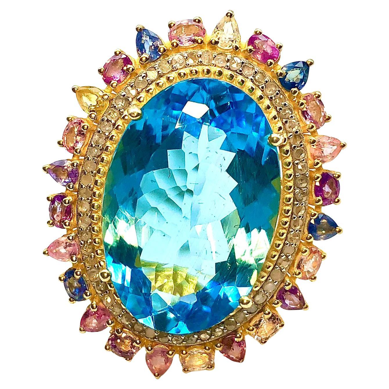Bochic “Orient” Natural Multi Sapphire, Topaz & Diamond Ring Set 18K Gold & Silv