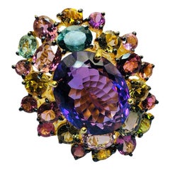 Bochic “Orient” Natural Multi Tourmaline & Amethyst Ring Set 18K Gold & Silver