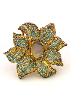 Bochic "Orient" Natürlicher Opal & Blauer Topas Cocktail Ring Set 18K Gold&Silber