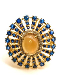 Bochic “Orient” Natural Opal, Kyanite  & Diamond Ring Set In 18K & Silver