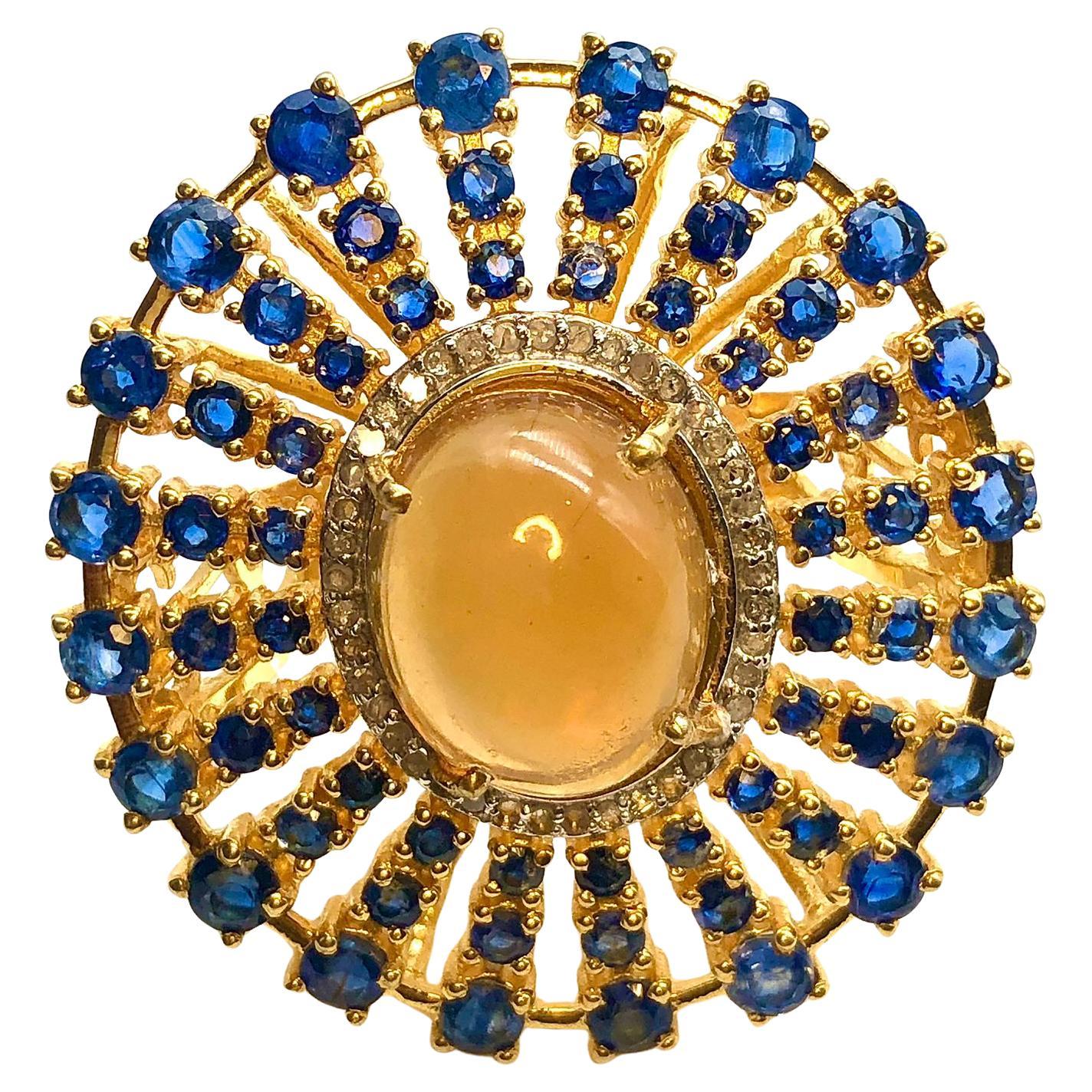 Bochic “Orient” Natural Opal, Kyanite  & Diamond Ring Set In 18K & Silver