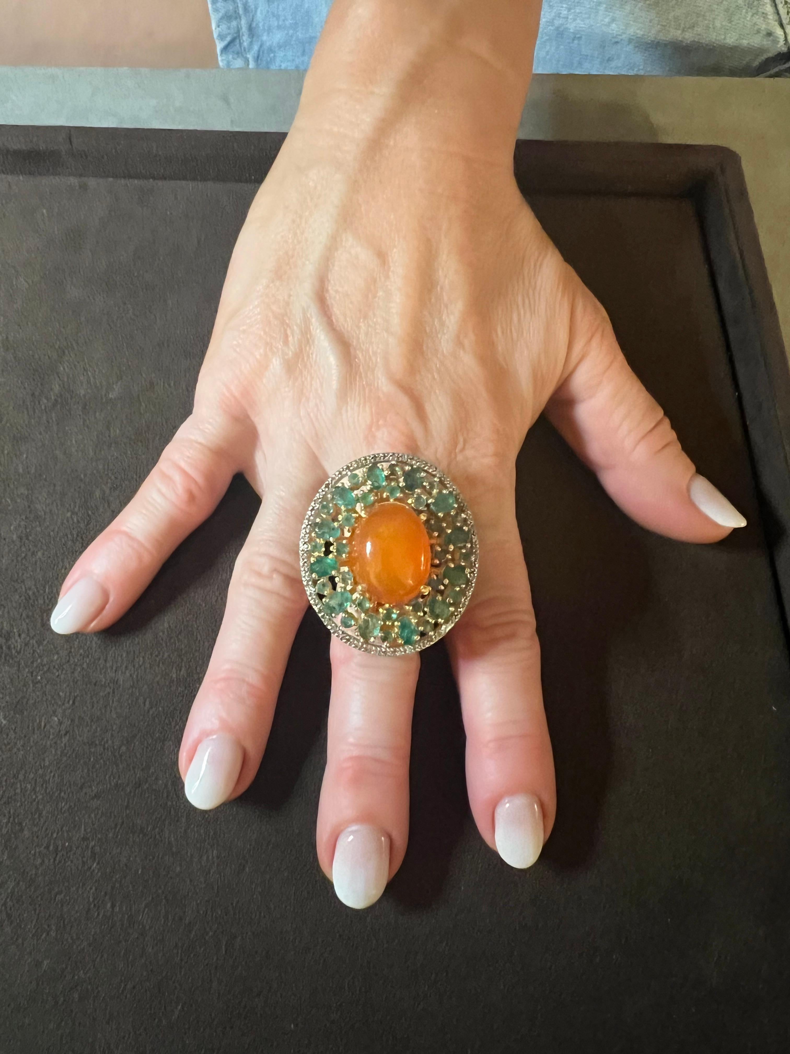 Bochic “Orient” Natural Orange Opal, Emerald & Diamond Ring Set In 18K & Silver en venta 6