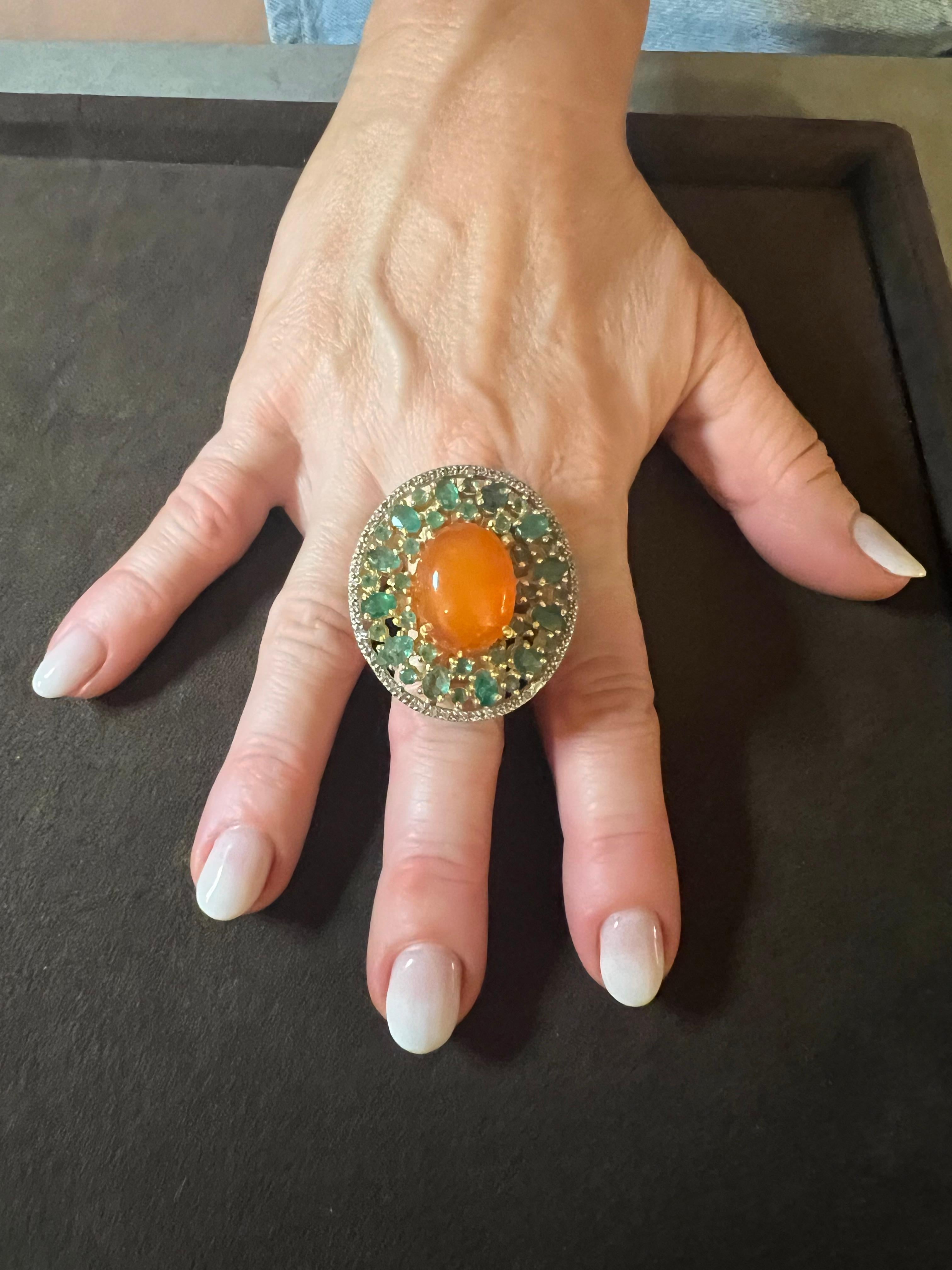 Bochic “Orient” Natural Orange Opal, Emerald & Diamond Ring Set In 18K & Silver en venta 7