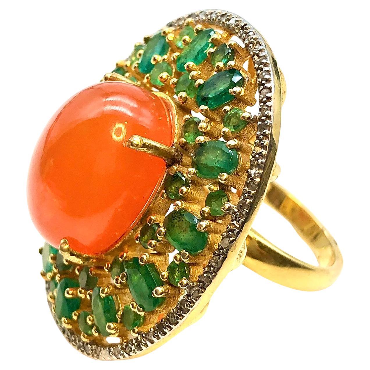 Bochic “Orient” Natural Orange Opal, Emerald & Diamond Ring Set In 18K & Silver