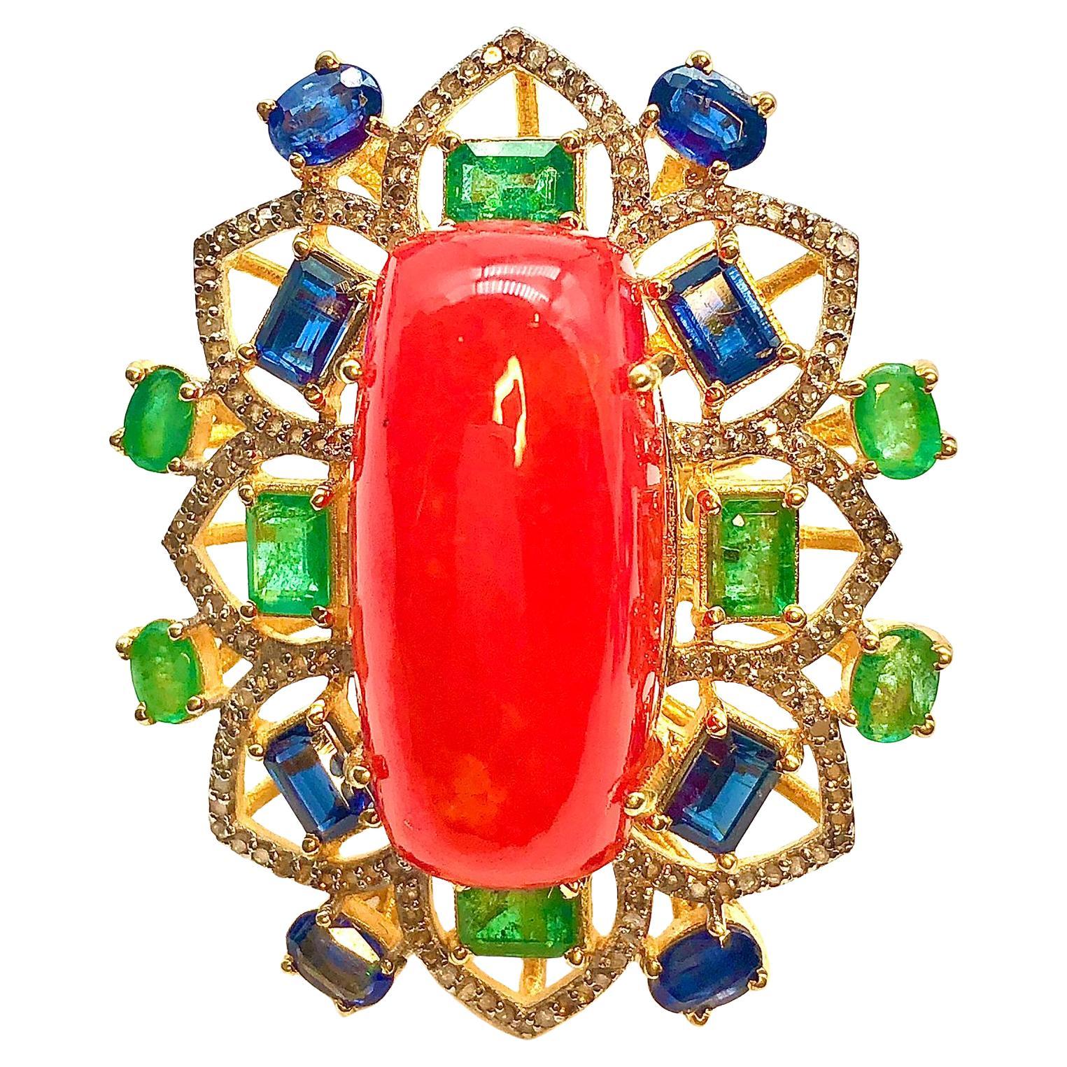 Bochic "Orient" Opale arancione naturale, smeraldo, kyanite  Anello con diamante incastonato in 18 carati