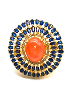 Anello Bochic "Orient" con opale arancione naturale, kianite e diamanti incastonati in argento e 18 carati