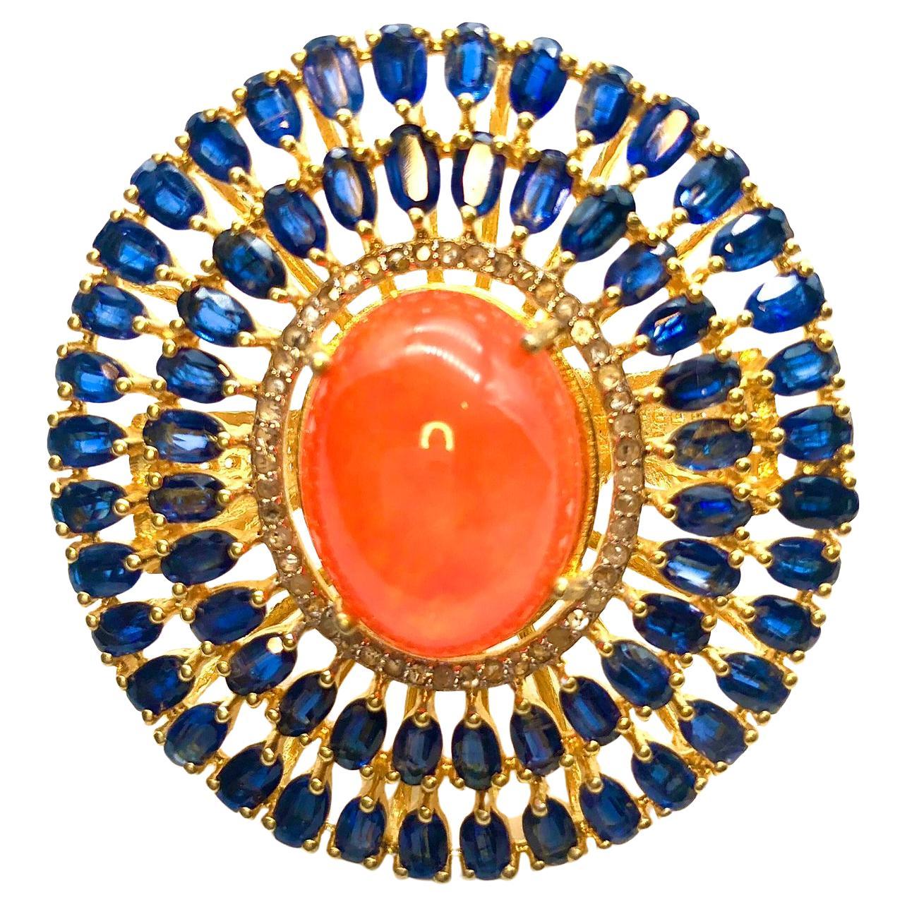 Bochic “Orient” Natural Orange Opal, Kyanite & Diamond Ring Set In 18K & Silver