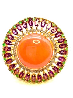 Bochic “Orient” Vintage Orange Opal, Rodolite & Diamond Ring Set In 18K & Silve