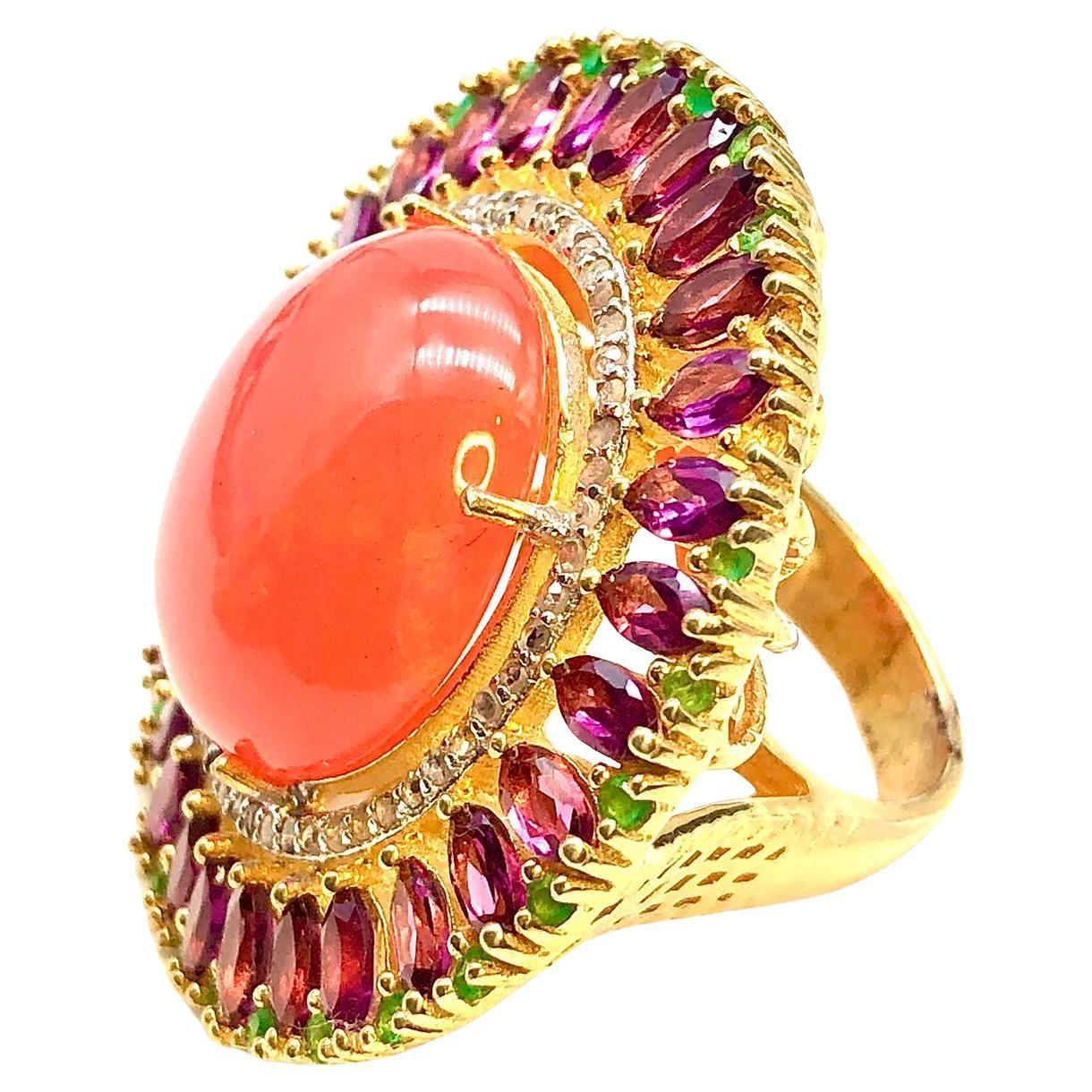 Bochic Orient Ring aus 18 Karat und Silve mit natürlichem orangefarbenem Opal, Rodolith und Diamanten