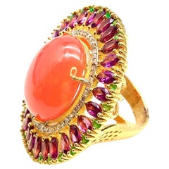 Anillo Bochic "Orient" Ópalo Naranja Natural, Rodolita y Diamantes Engastado en 18K y Silve