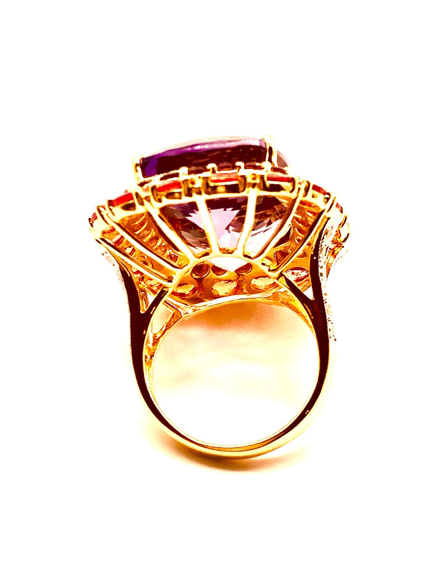 Brilliant Cut Bochic “Orient” Natural Orange Sapphire & Amethyst Ring Set  18K Gold & Silver For Sale