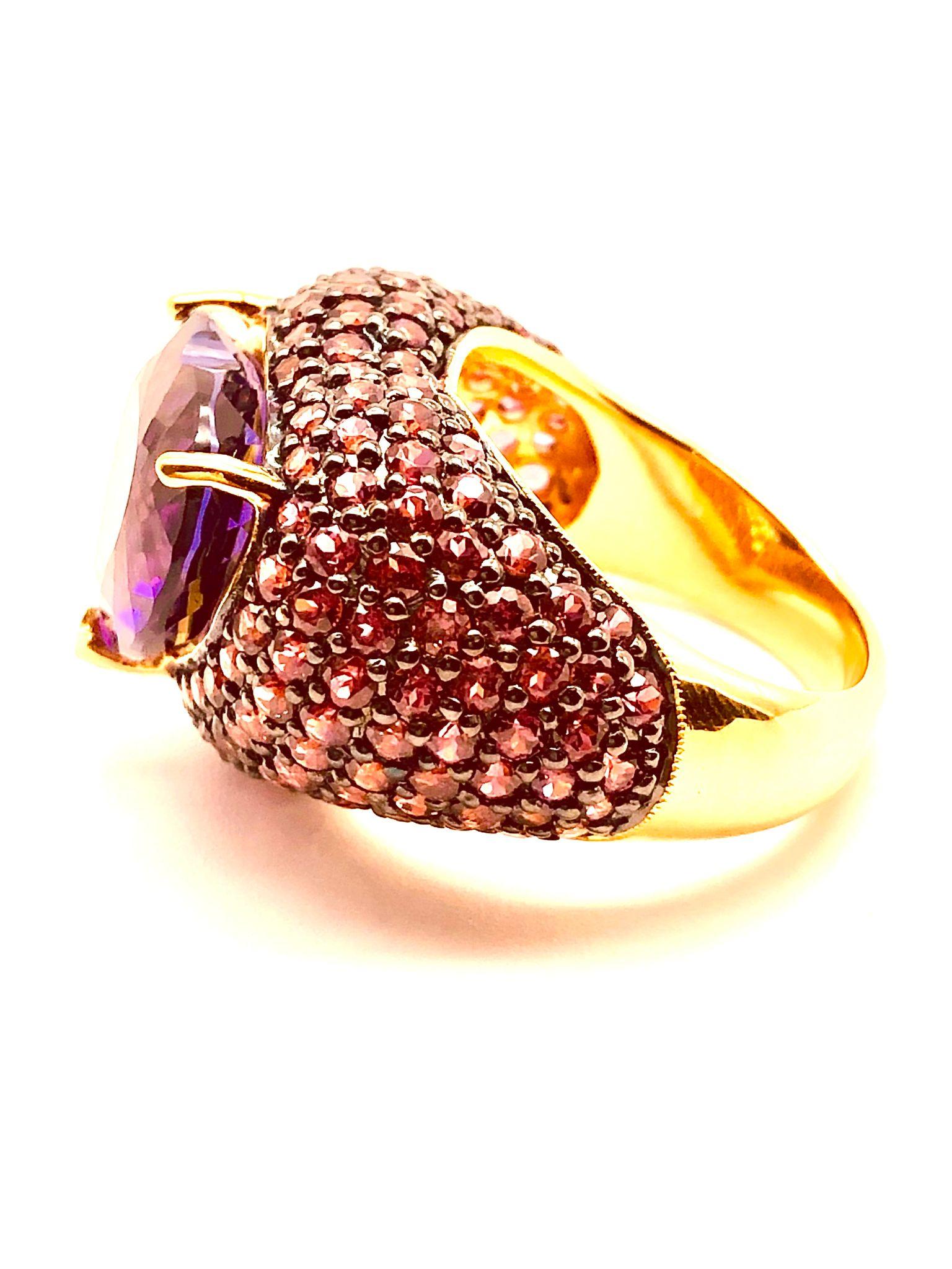 Heart Cut Bochic “Orient” Natural Pink Sapphire & Amethyst Ring Set Inn 18K Gold & Silver For Sale