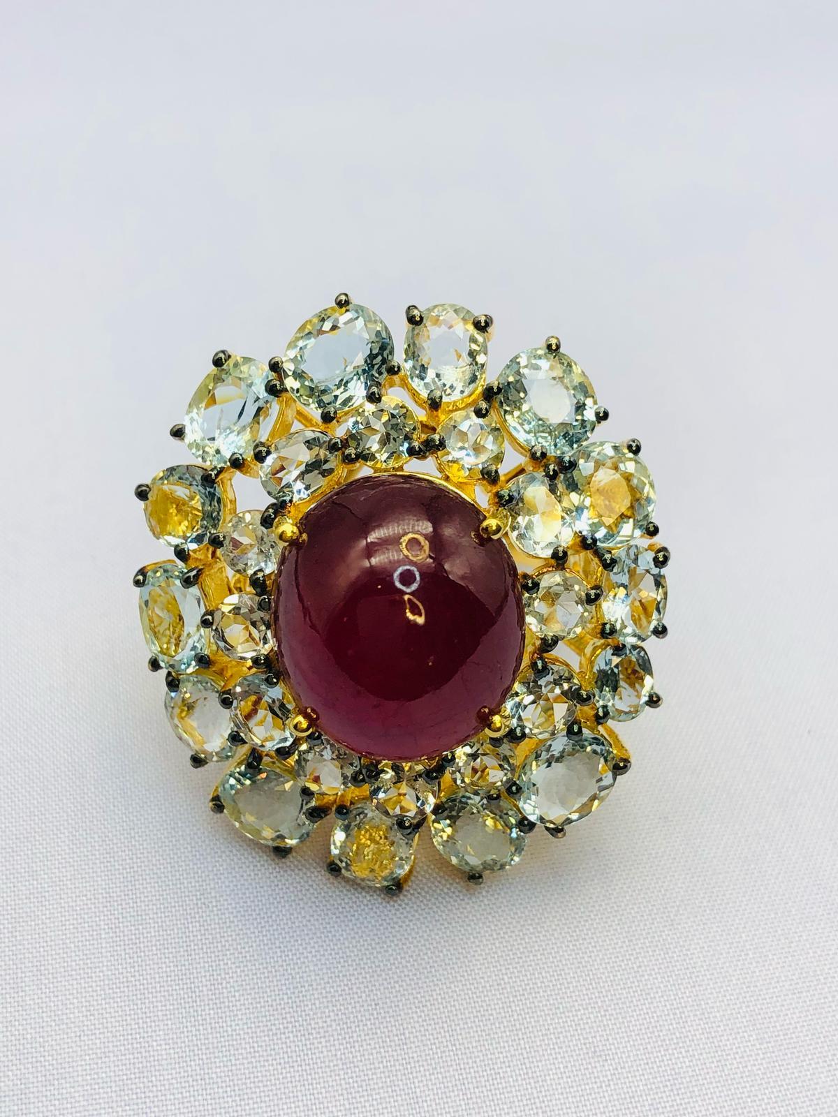 Art Nouveau Bochic “Orient” Natural Ruby & Aquamarine Ring Set In 18K Gold & Silver For Sale