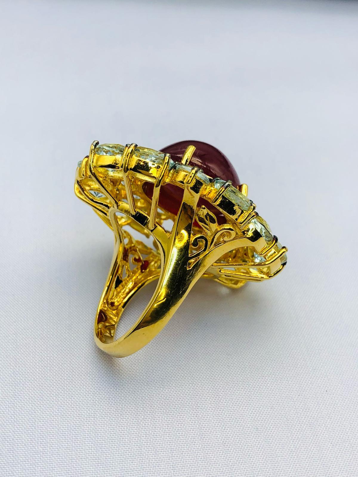 Brilliant Cut Bochic “Orient” Natural Ruby & Aquamarine Ring Set In 18K Gold & Silver For Sale