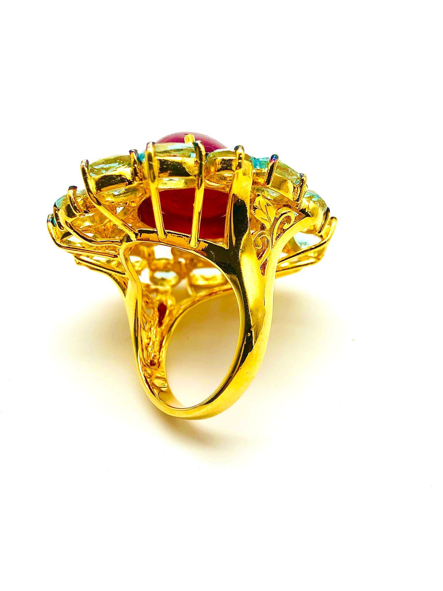 Bochic “Orient” Natural Ruby & Aquamarine Ring Set In 18K Gold & Silver In New Condition For Sale In New York, NY
