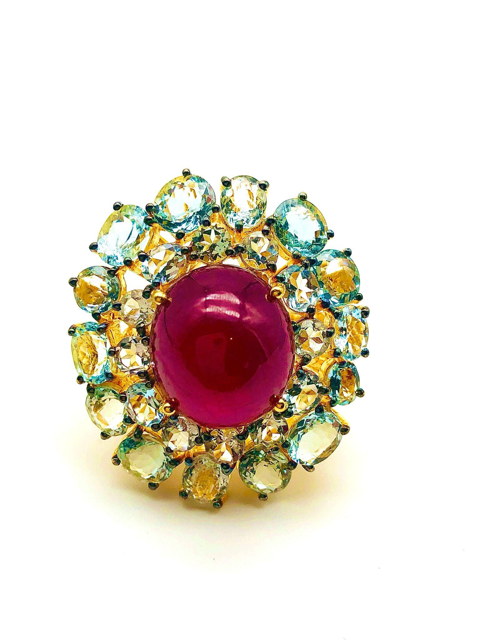 Bochic “Orient” Natural Ruby & Aquamarine Ring Set In 18K Gold & Silver For Sale 1